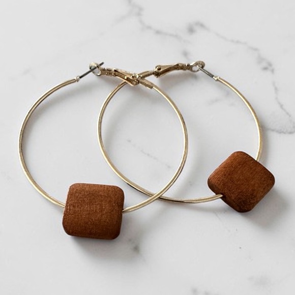 Boutique Jewelry - Gold Hoop Earrings with Wood Bead Accent | Boho Minimalist Jewelry